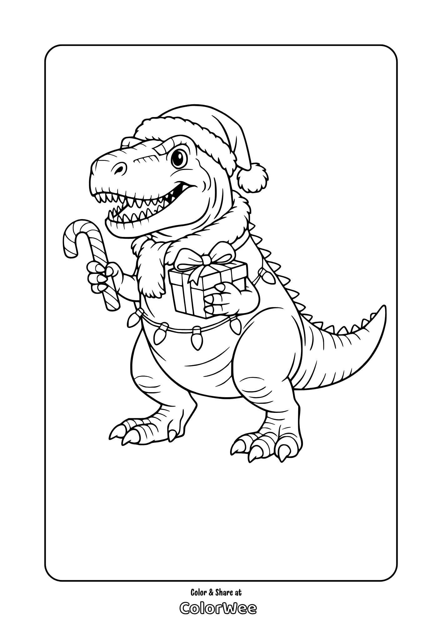 t rex christmas coloring page Christmas T-Rex in Santa hat with candy cane and gift coloring page