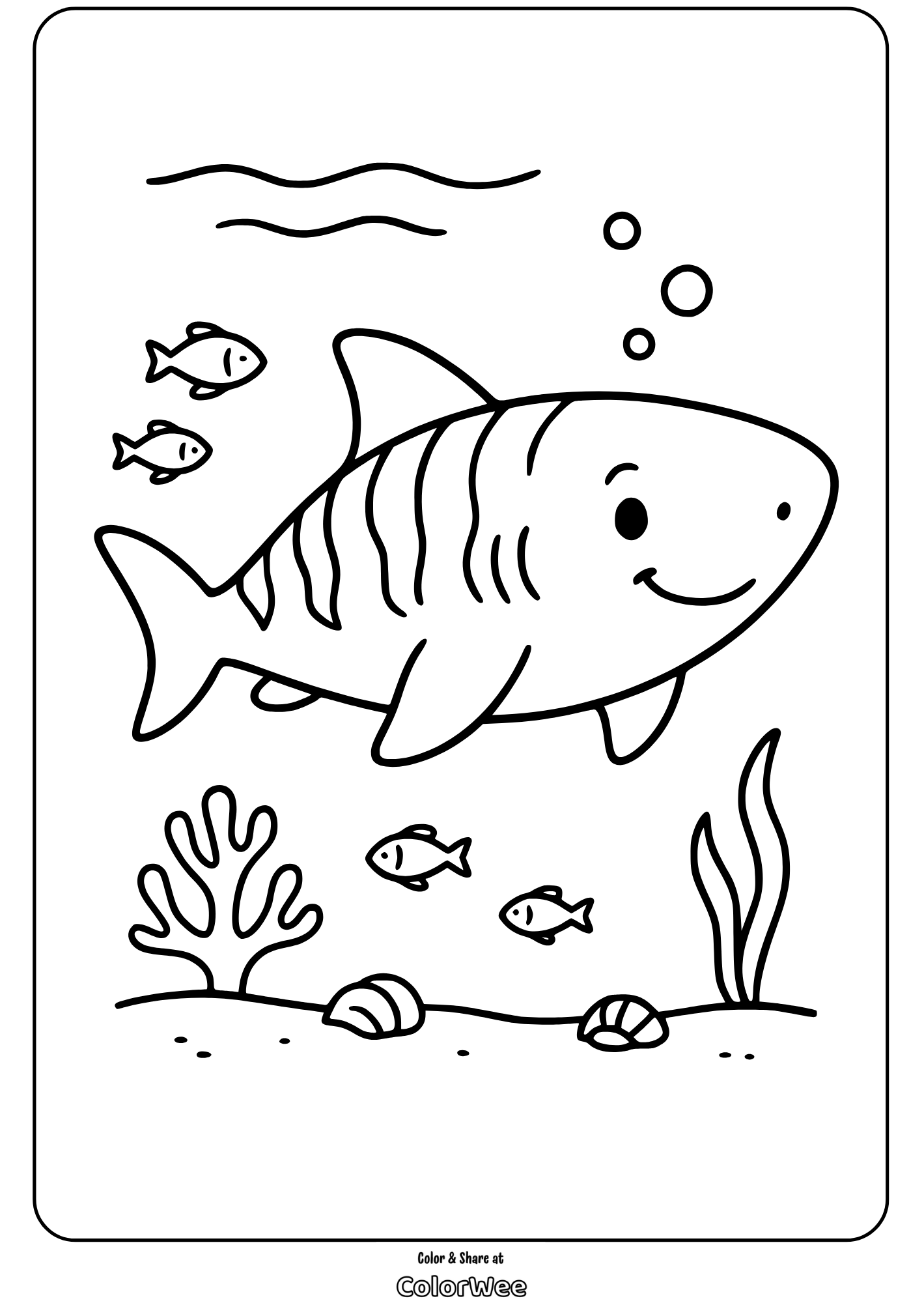 Smiling shark coloring page with fish and coral.
