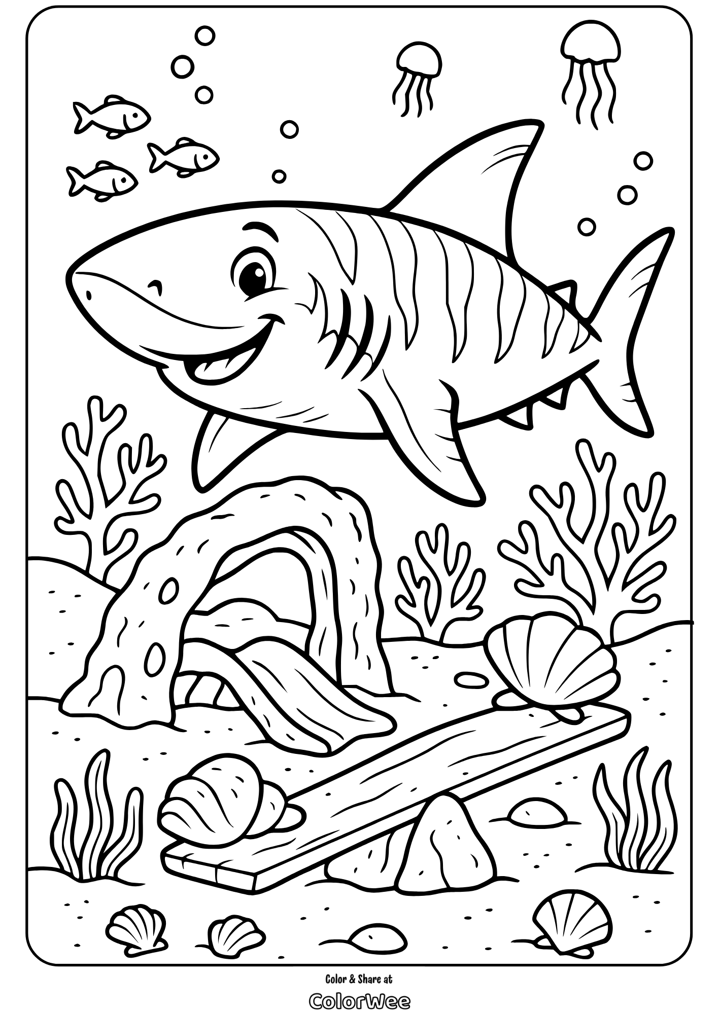 Smiling shark underwater coloring page with fish and coral.