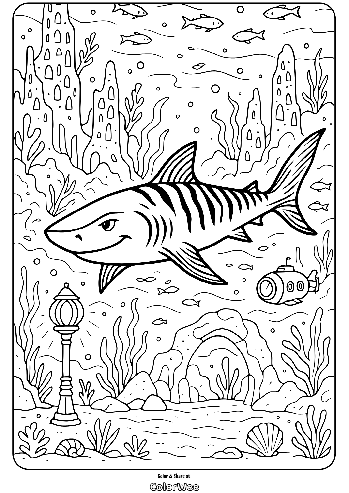 Shark swimming underwater with submarine and sea plants coloring page