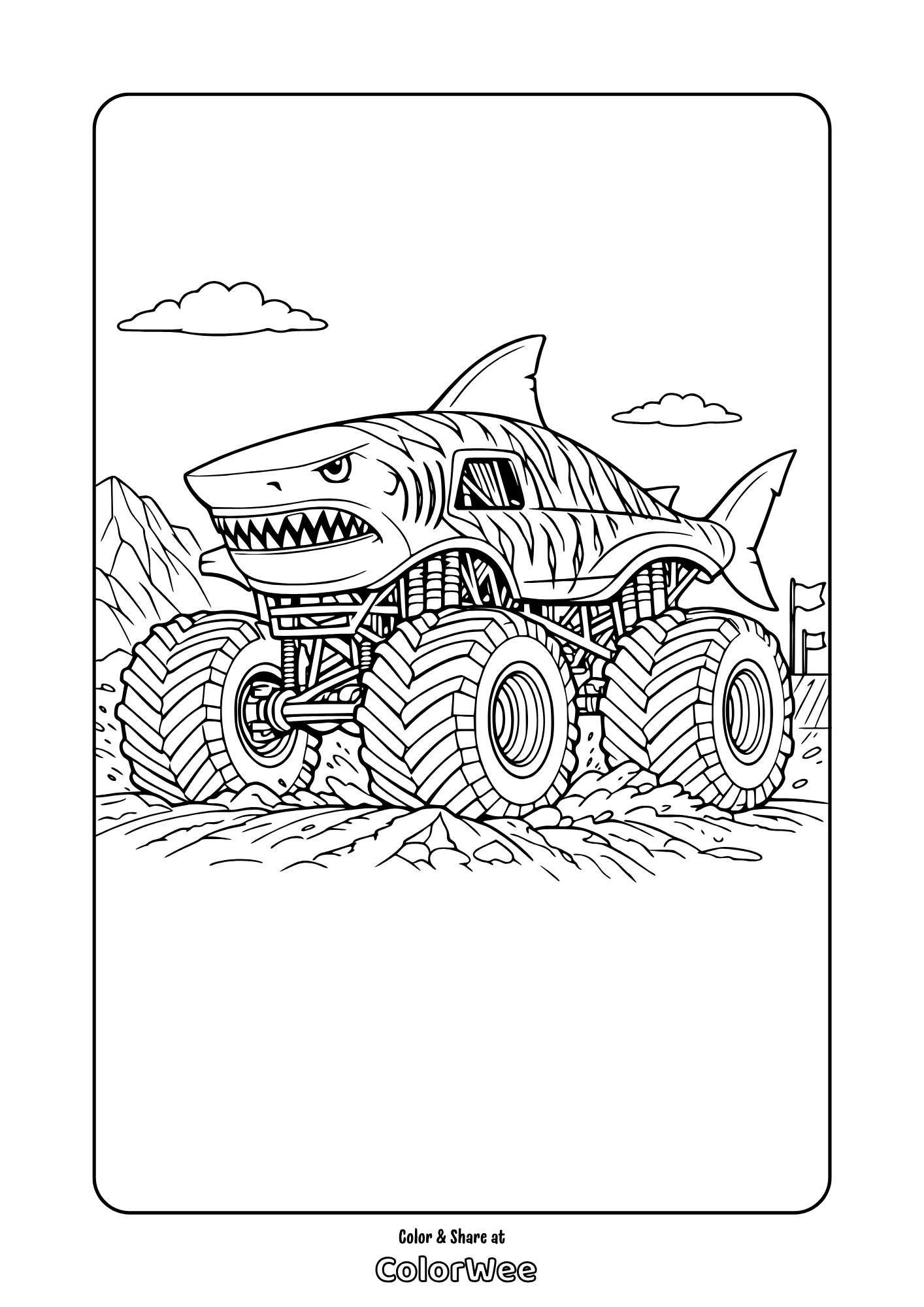 Tiger shark monster truck coloring page with big wheels on rocky terrain