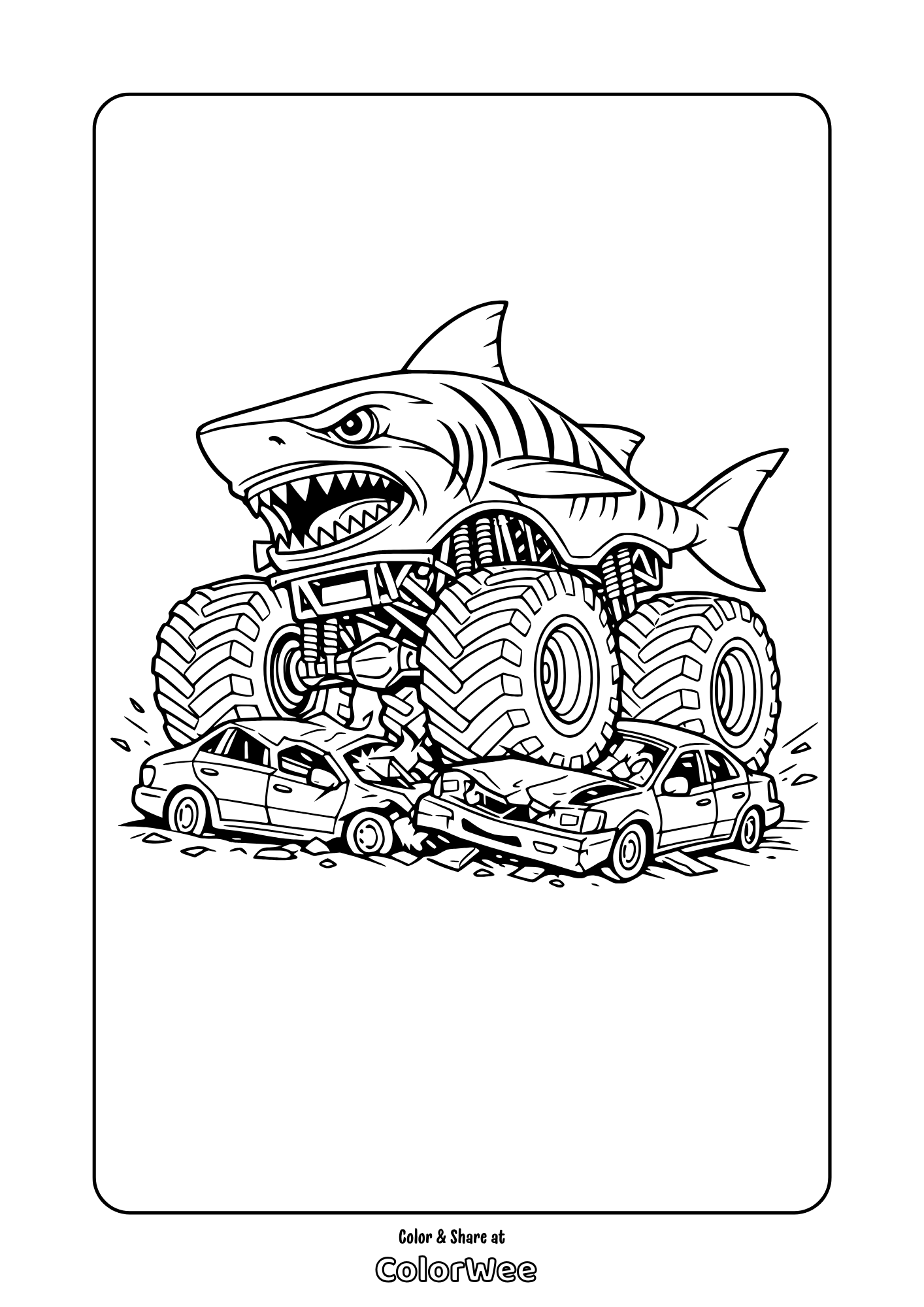 tiger shark monster truck crushing cars coloring page for kids