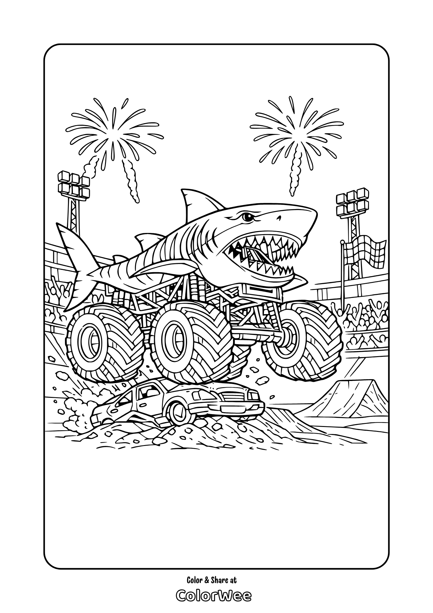 Tiger shark monster truck crushing car in stadium with fireworks coloring page