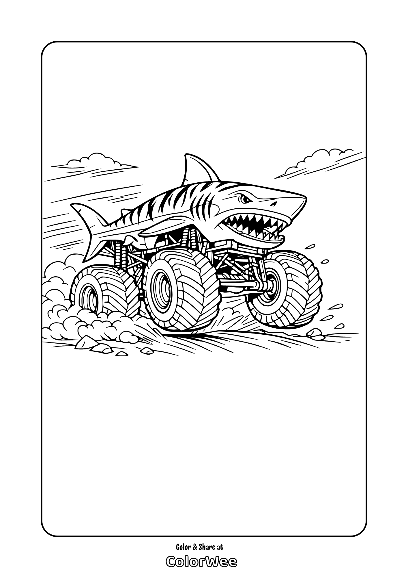 Tiger shark monster truck racing through dirt coloring page