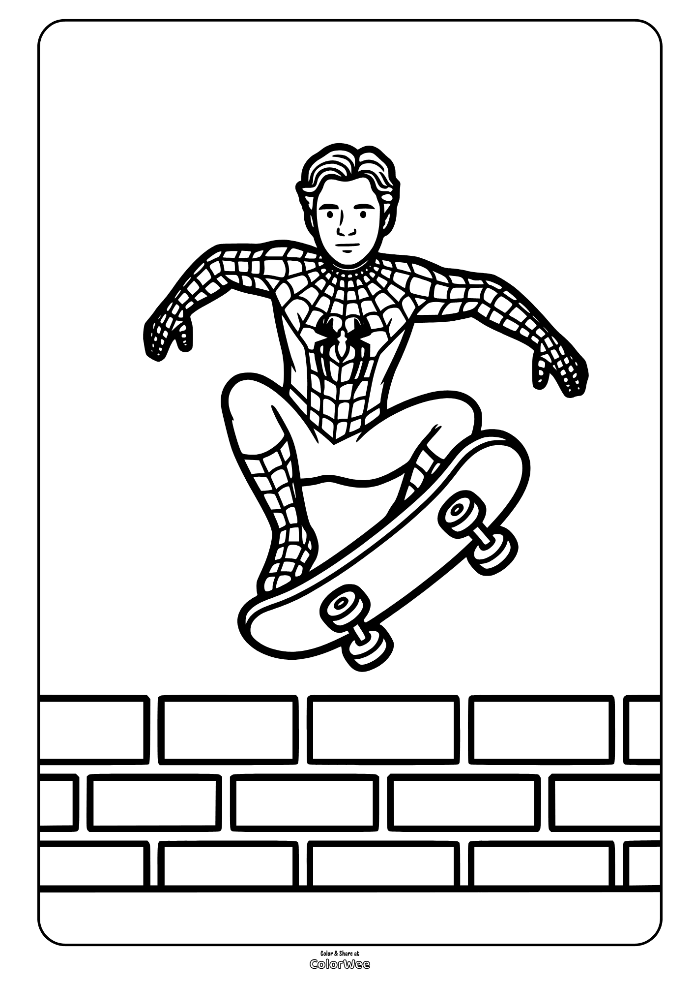 Spider-Man skateboarding over brick wall coloring sheet for kids