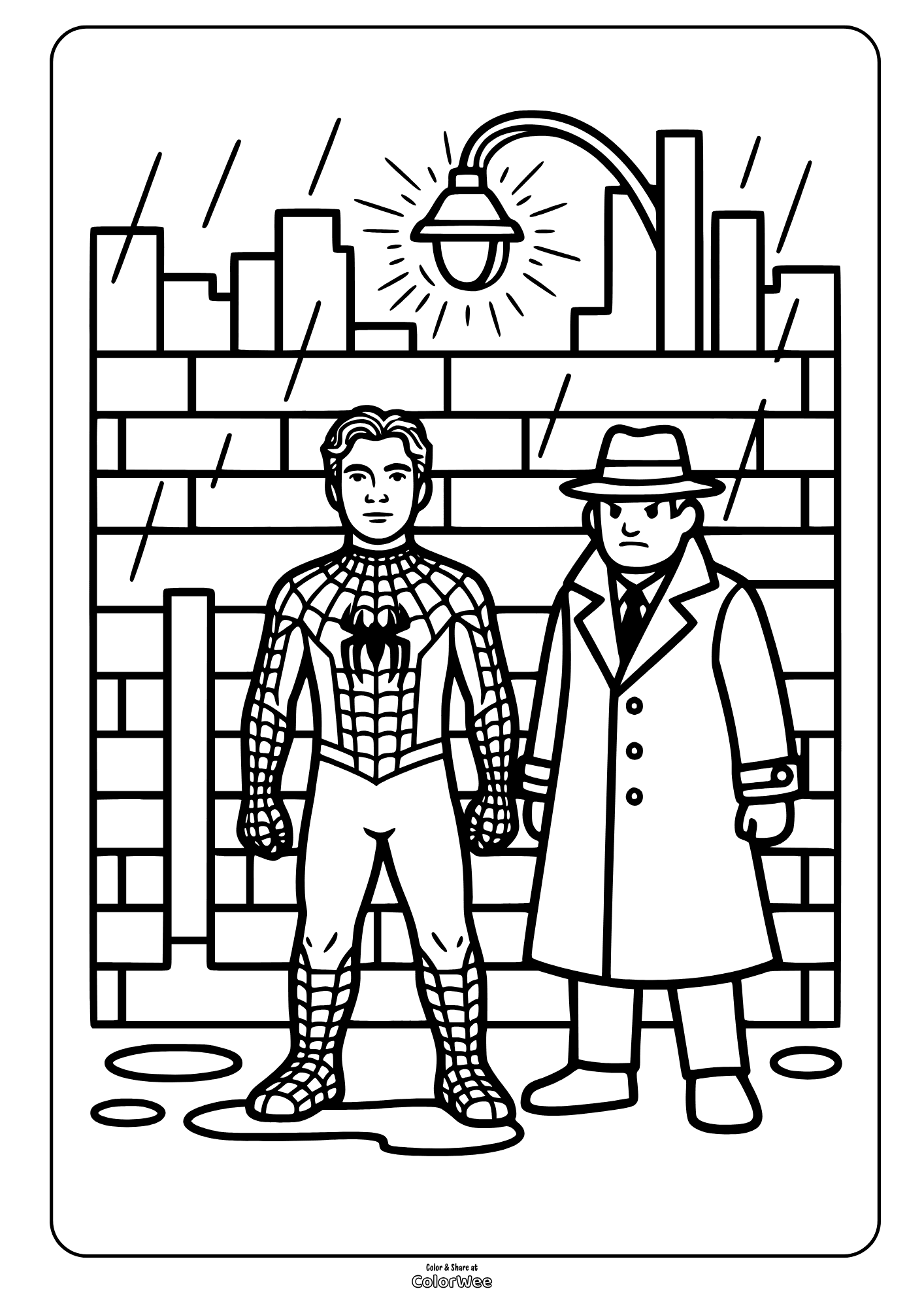 Spider-Man and detective in rainy city coloring sheet from Brand New Day Movie.