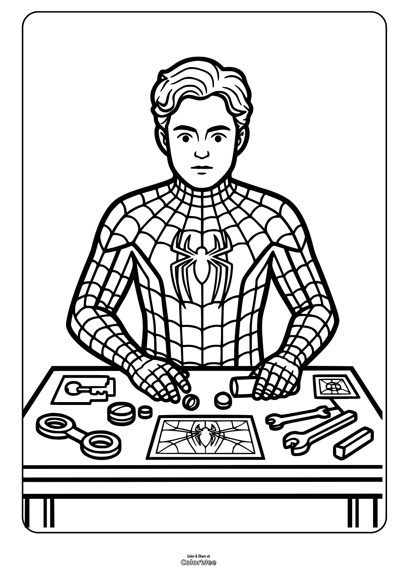 Tom Holland as Spider-Man at workbench with tools coloring sheet for kids