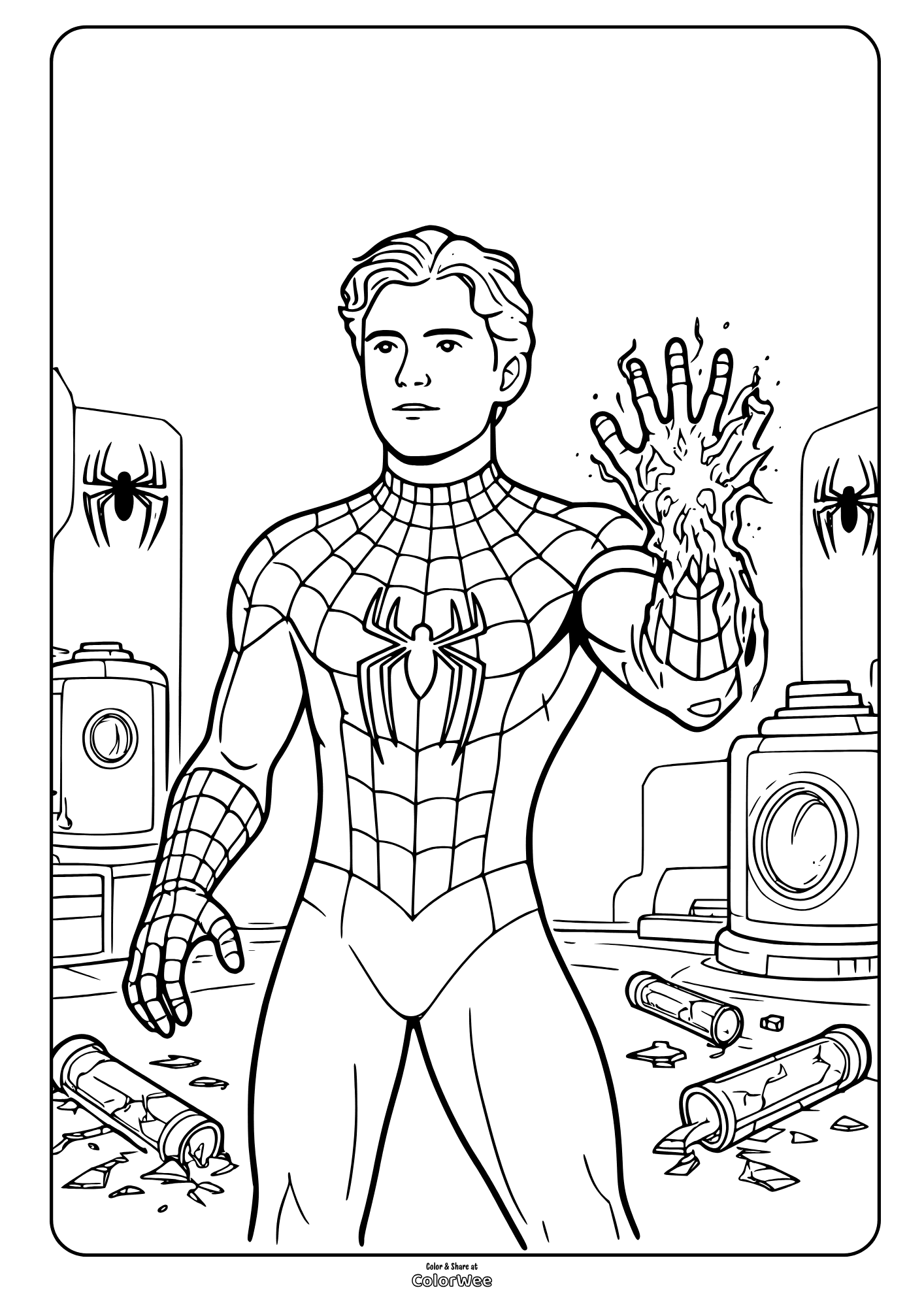 Spider-Man lab scene with melting hand coloring sheet. Unmasked Tom Holland.