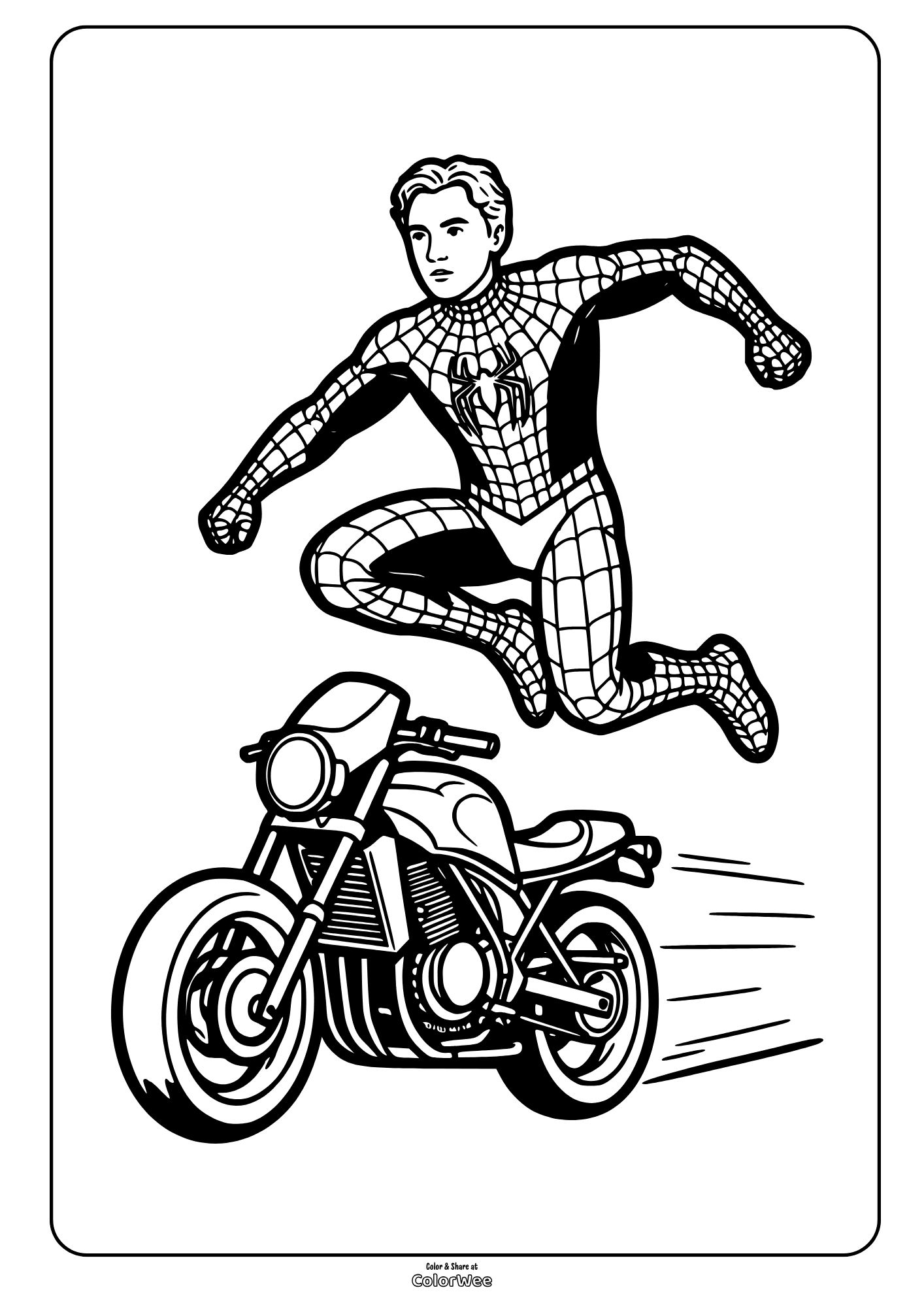 Tom Holland as Spider-Man jumping over motorcycle coloring sheet