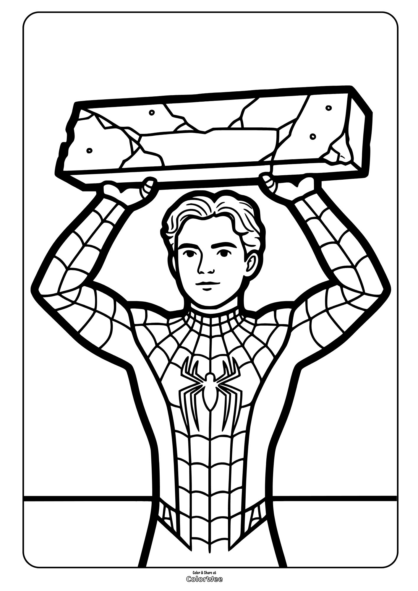 Tom Holand as Spider-Man lifting concrete slab coloring sheet, free printable