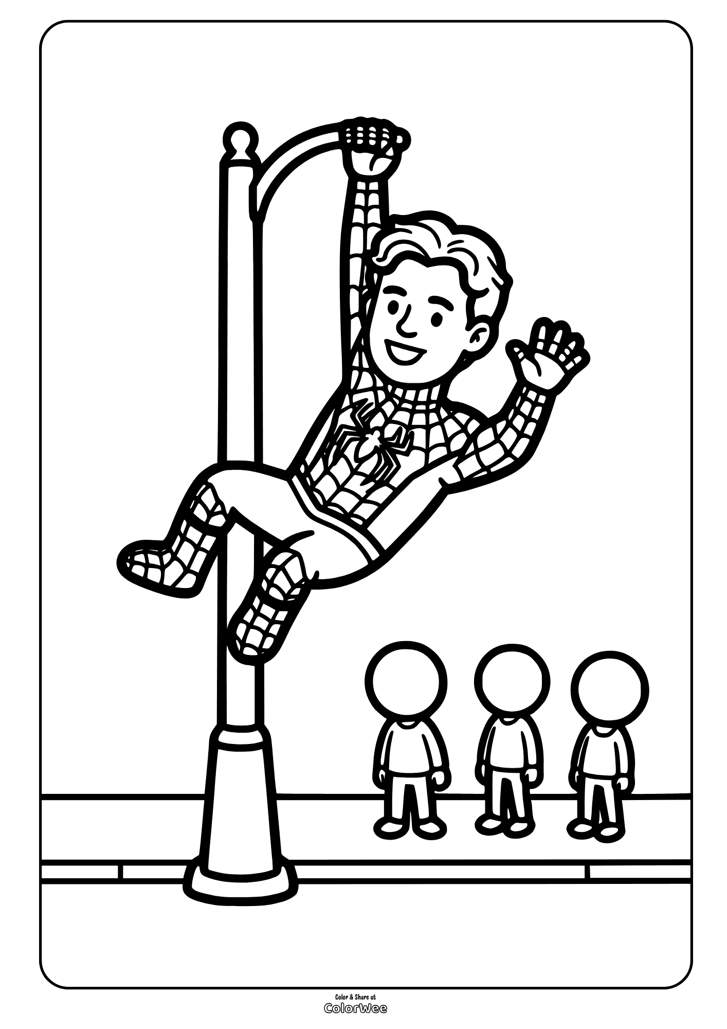 Spider-Man swinging on lamppost coloring sheet for kids to print and color