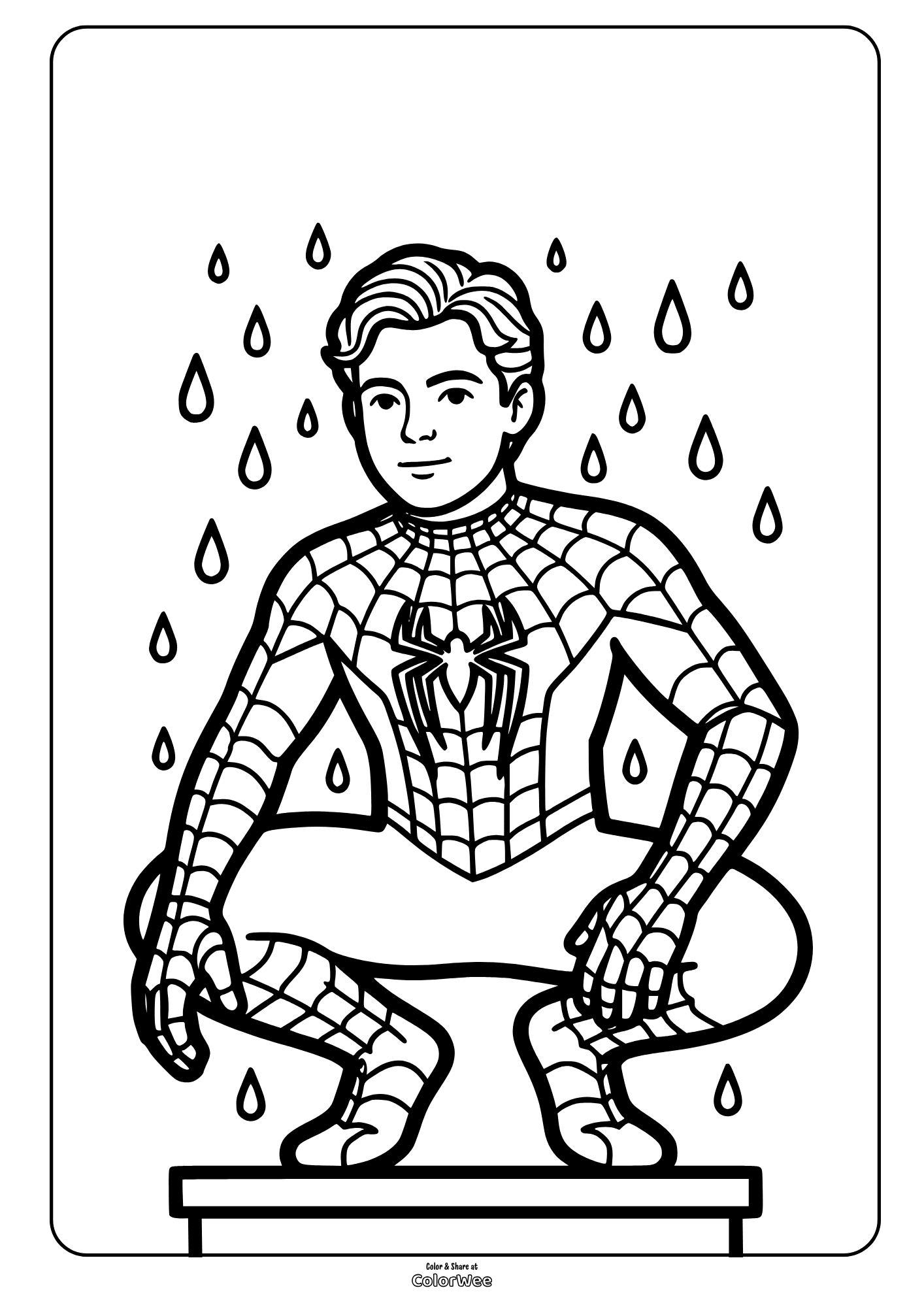 Spider-Man coloring sheet: Tom Holland squatting in raindrops, free printable