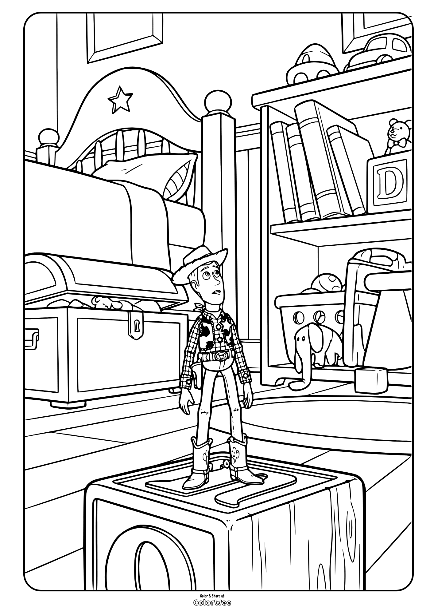 Toy Story 5 Woody in Andy’s room coloring page with toys and blocks