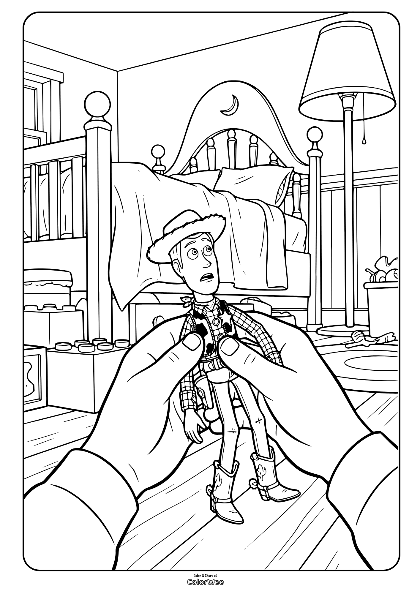 Toy Story 5 Woody in kids' bedroom coloring page