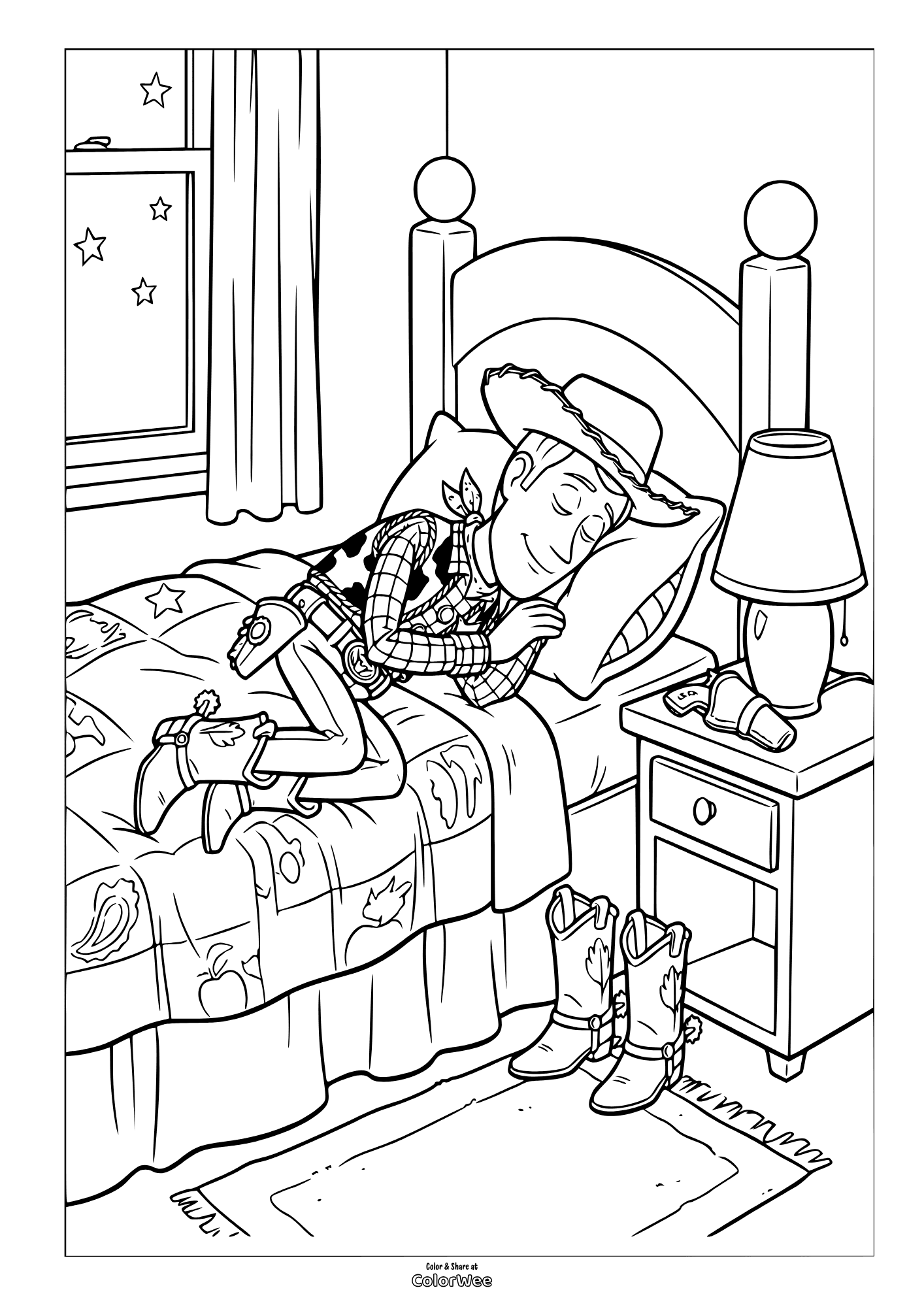 Toy Story 5 - Woody sleeping in bed coloring page