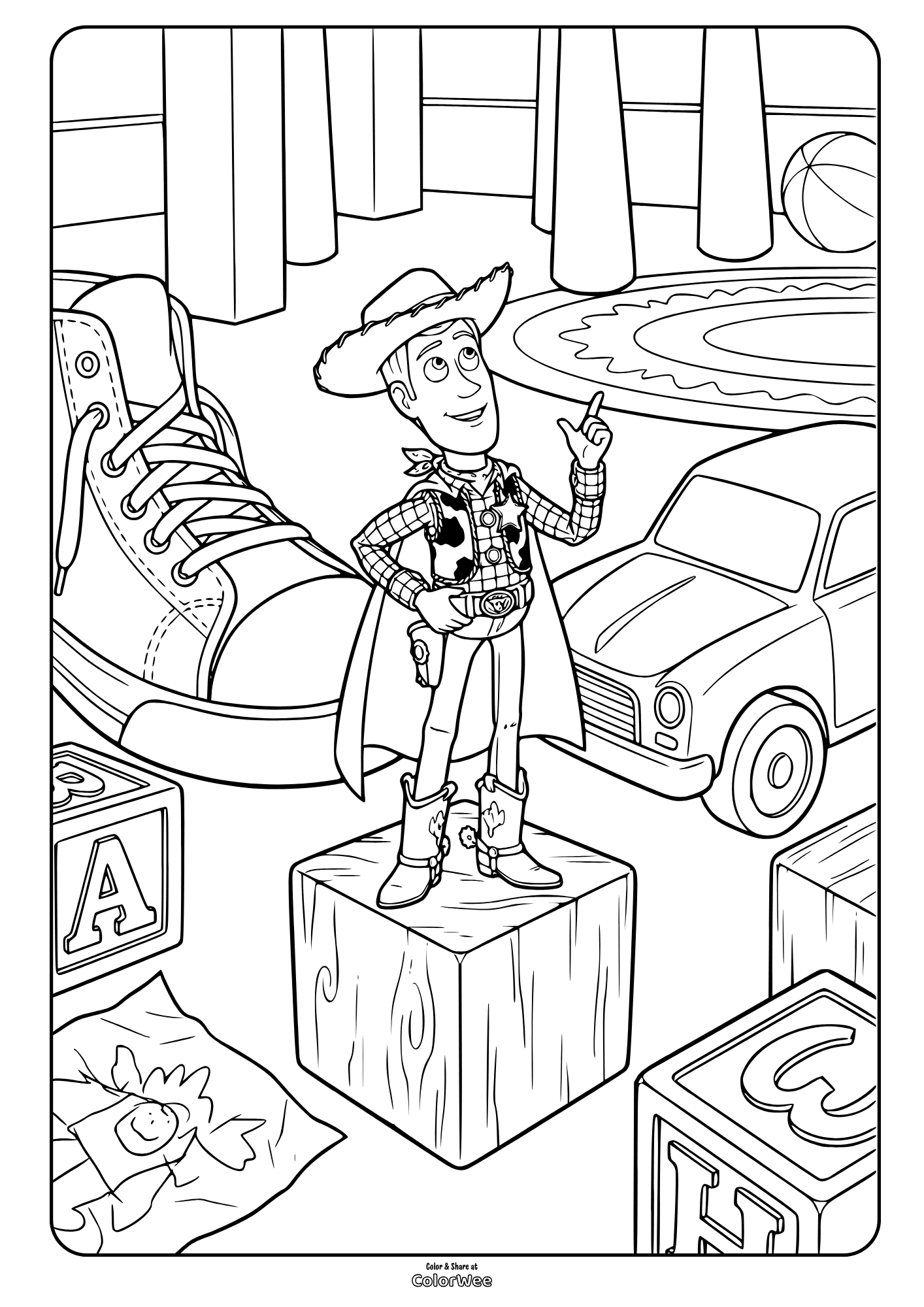 Woody from Toy Story 5 coloring page in kids room with car, shoe and ABC blocks