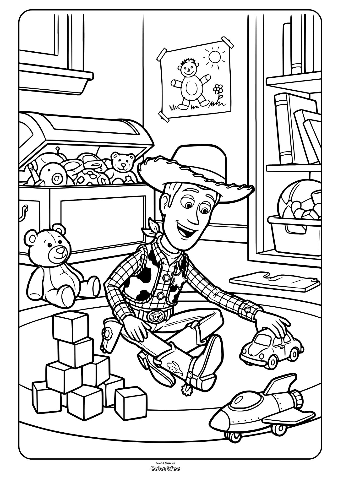 Woody from Toy Story 5 playing with cars and blocks coloring page for kids