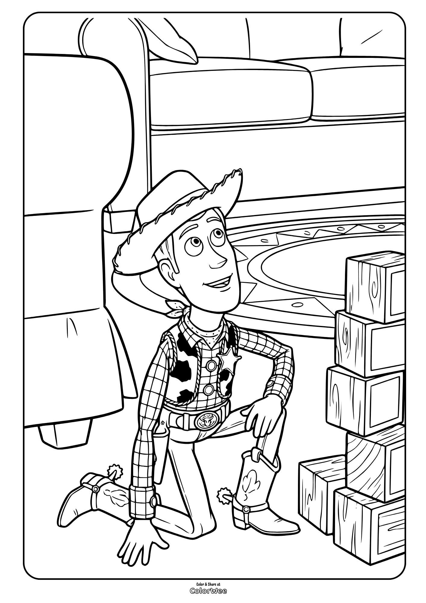 Sheriff Woody Toy Story 5 coloring page with blocks