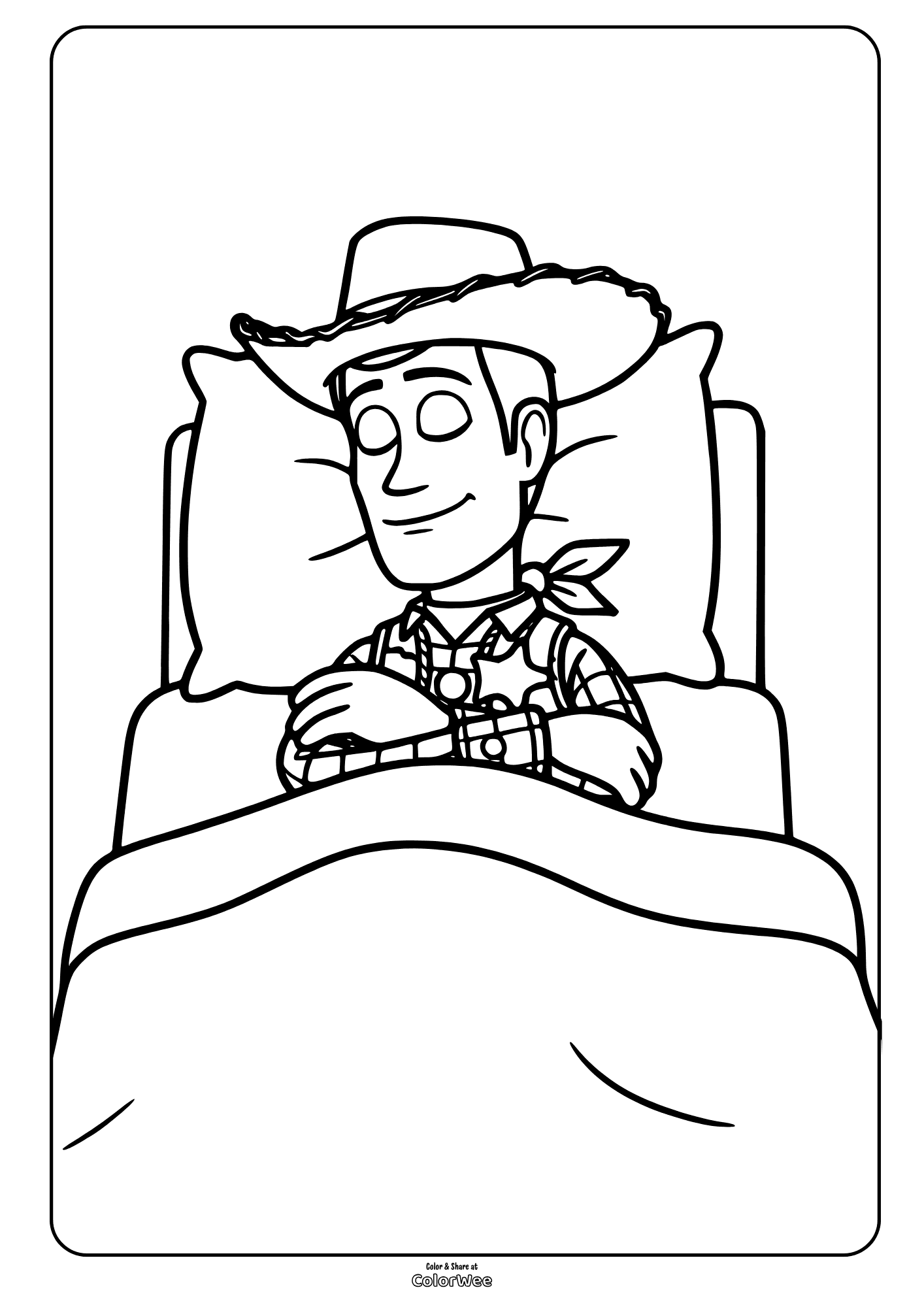Woody the cowboy from Toy Story 5 sleeping in bed coloring page - free printable