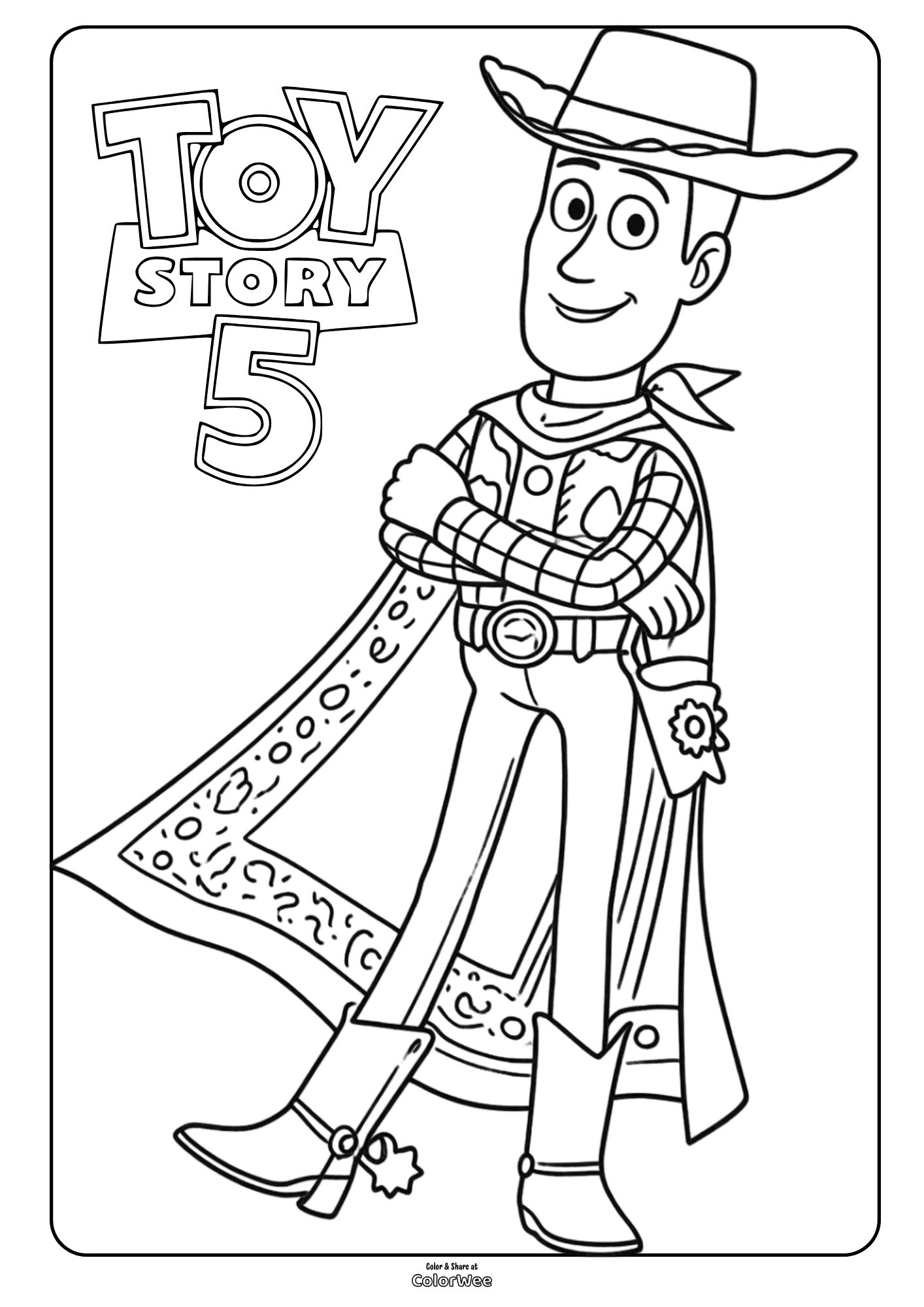 Toy Story 5 Woody printable coloring page for kids