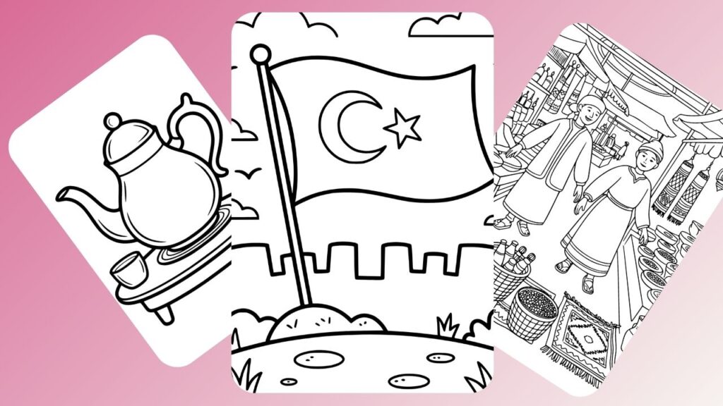 Crescent flag, tea set and bazaar coloring page printable for kids