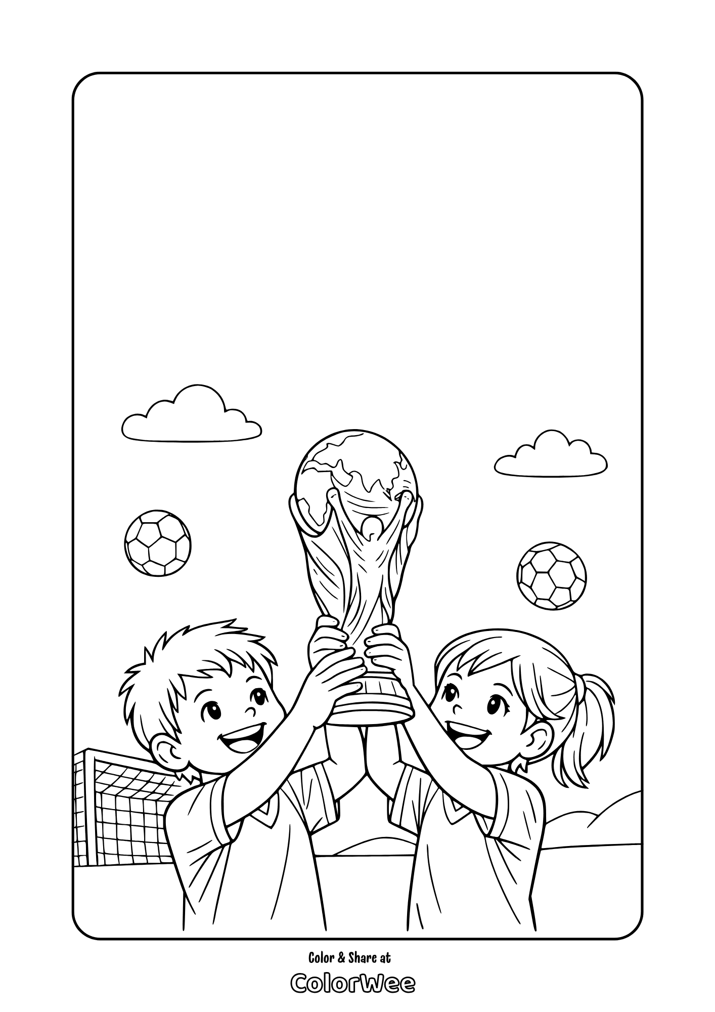 Two kids holding soccer FIFA World Cup trophy coloring page