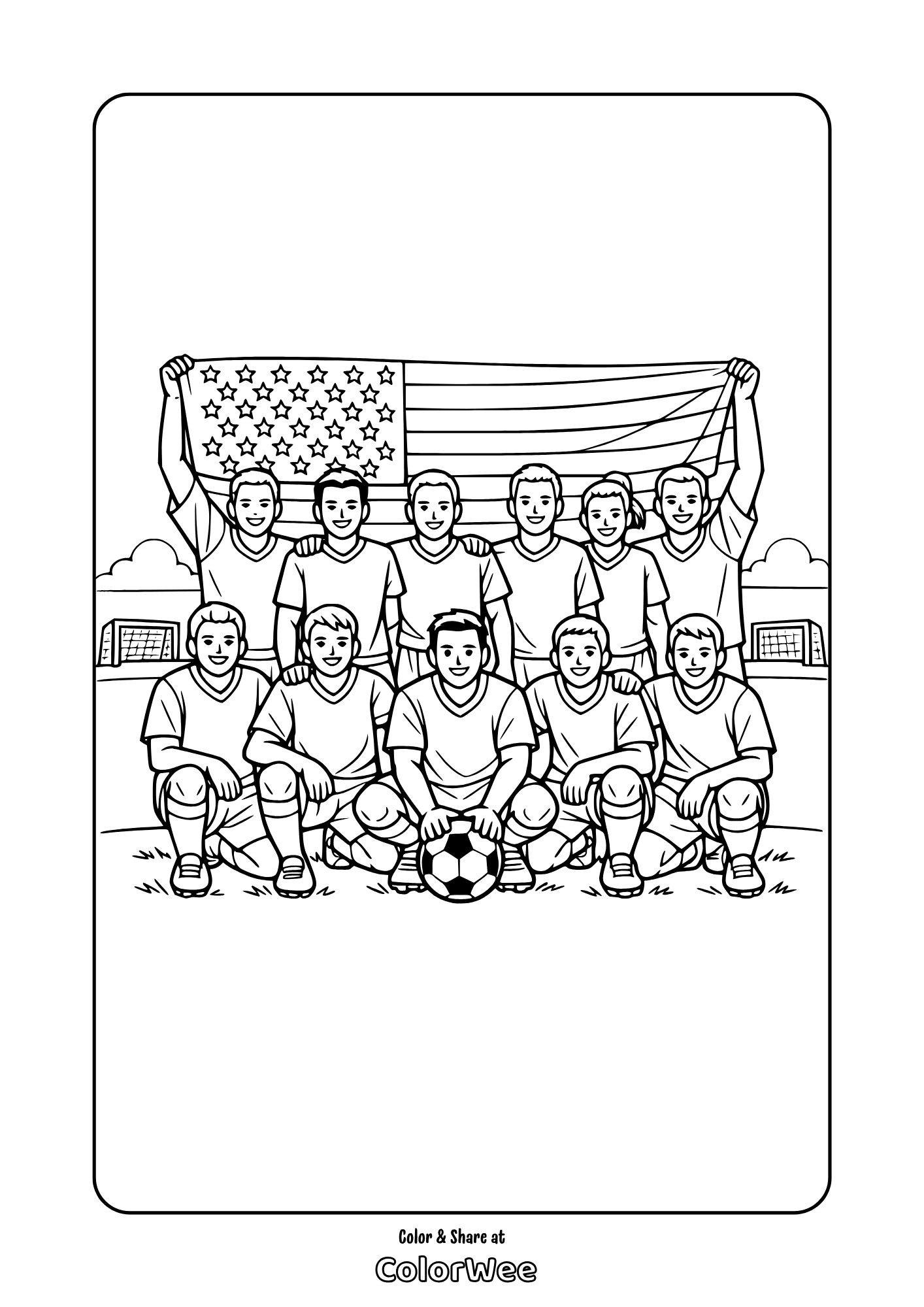 USA soccer team with flag coloring page for kids and sports fans