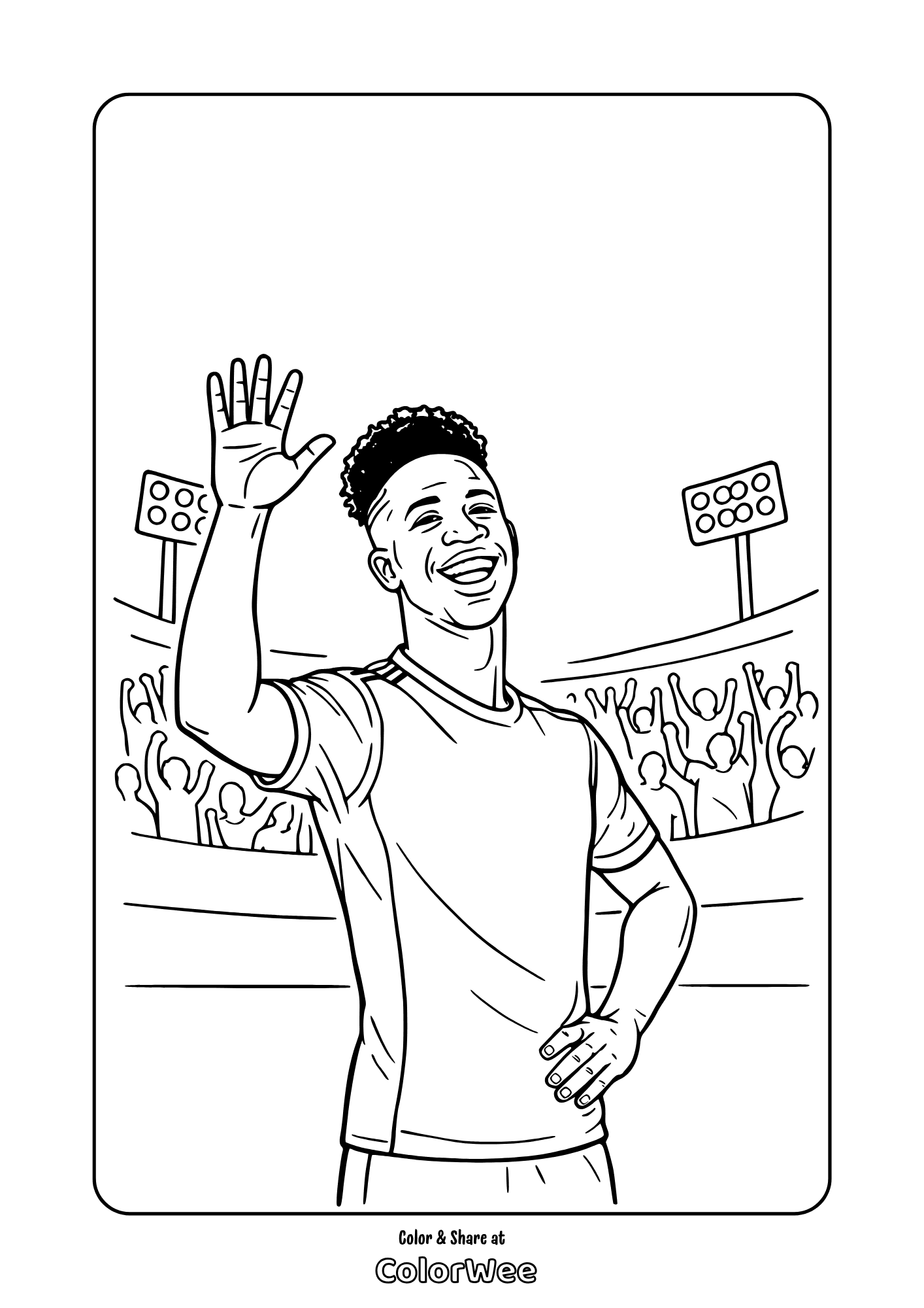 Vincius Junior waving in stadium with cheering fans coloring page