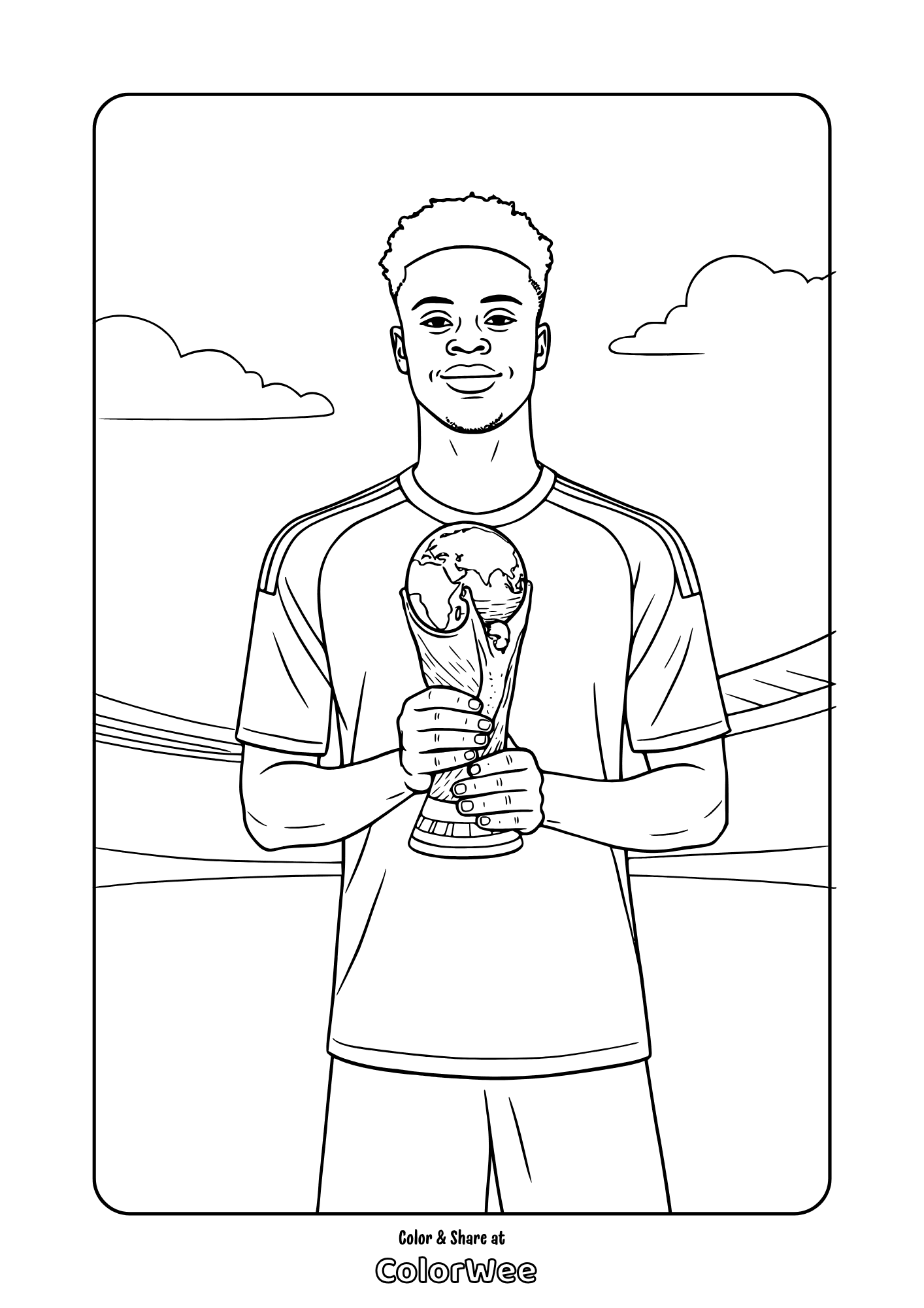 Vincius Junor holding world cup FIFA trophy in stadium coloring page