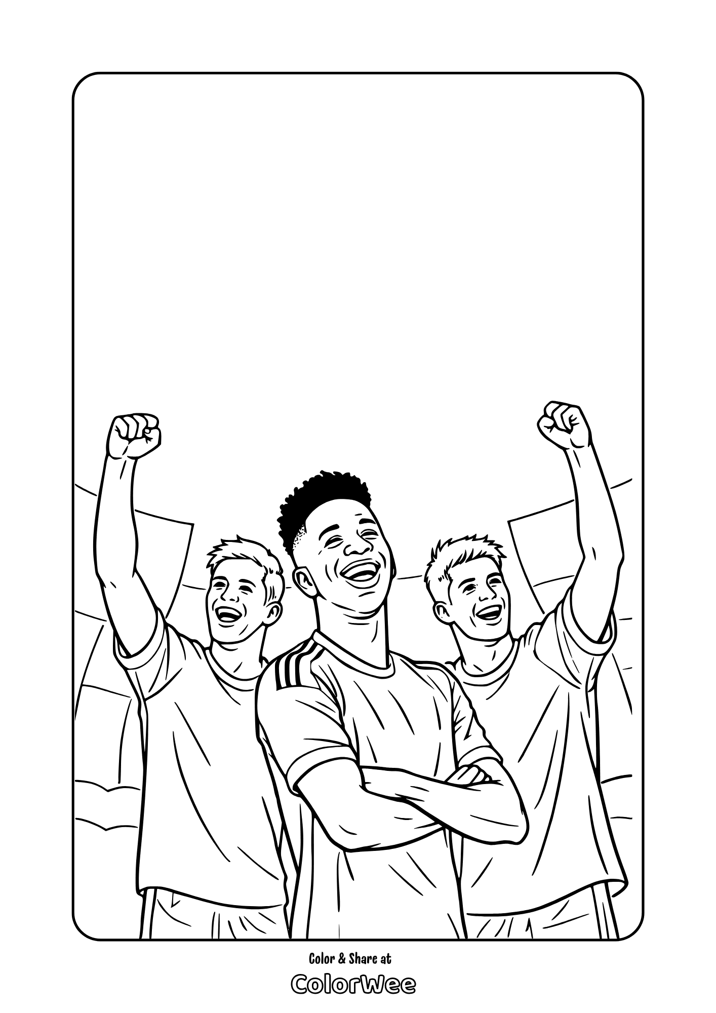 Vincius junior celebration coloring page - three players cheering in stadium