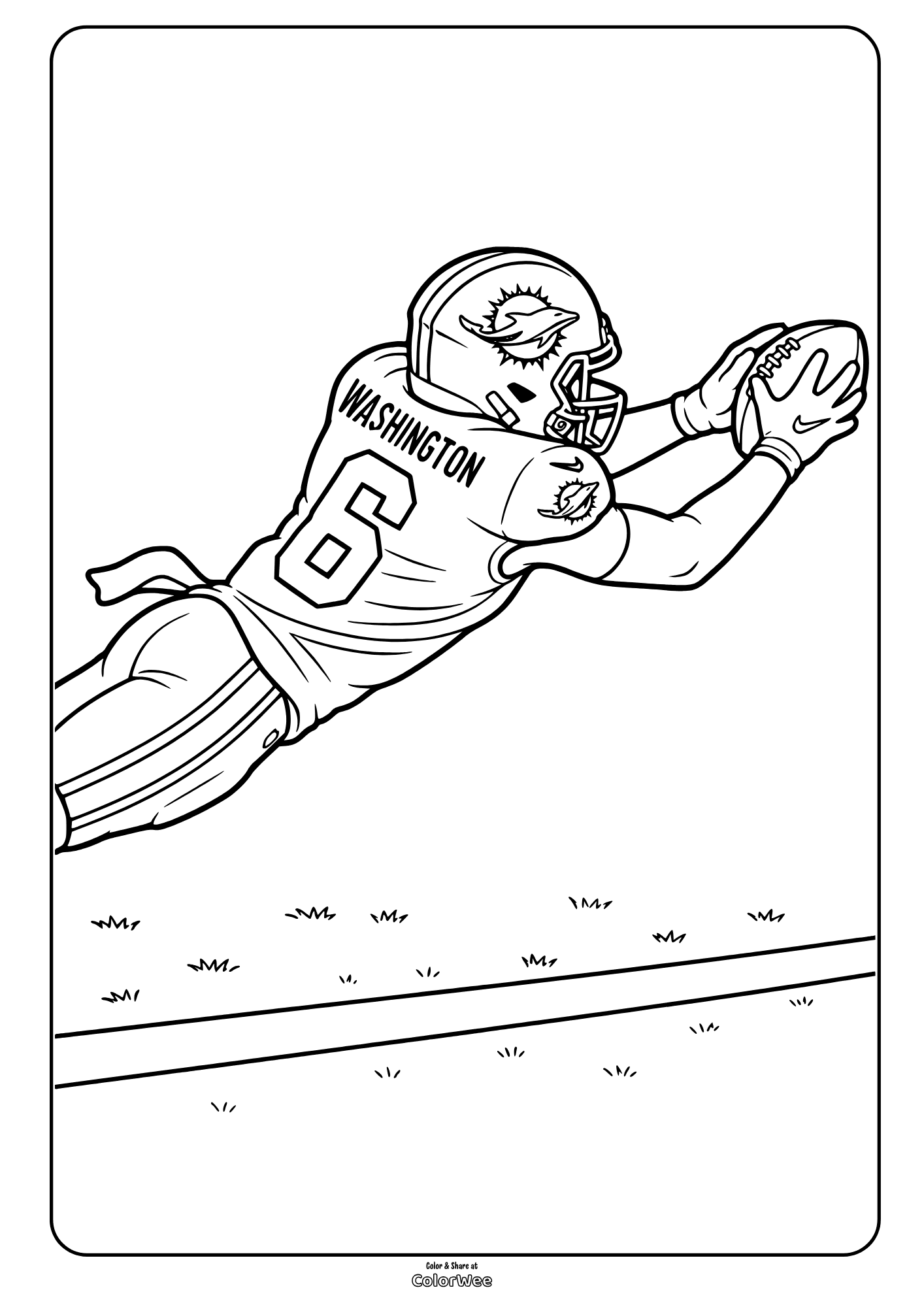 Malik Washington football player diving forward with outstretched arms and helmet, picture to color