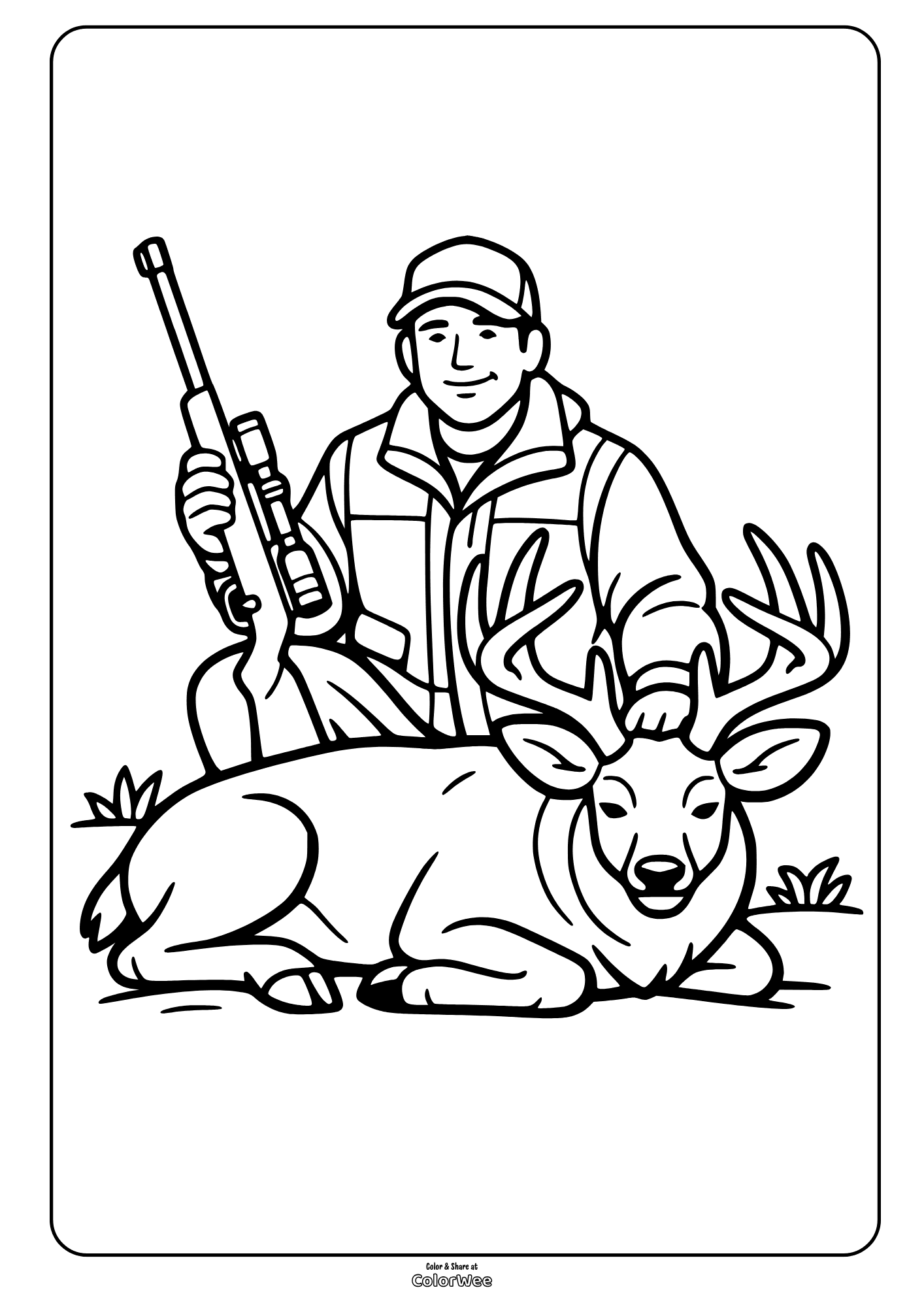 Hunter with rifle and whitetail buck coloring page