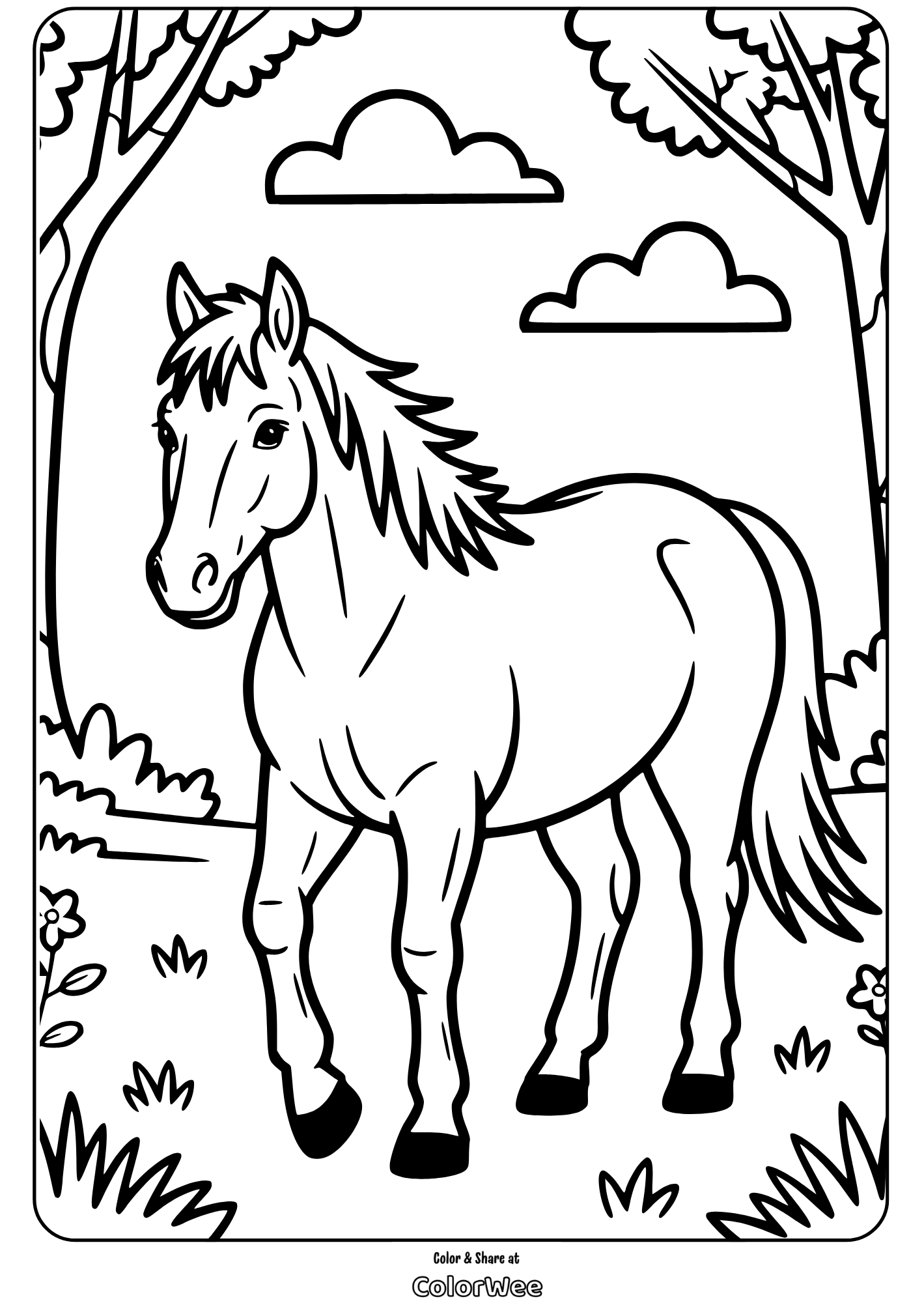 Horse coloring page for kids with nature background.