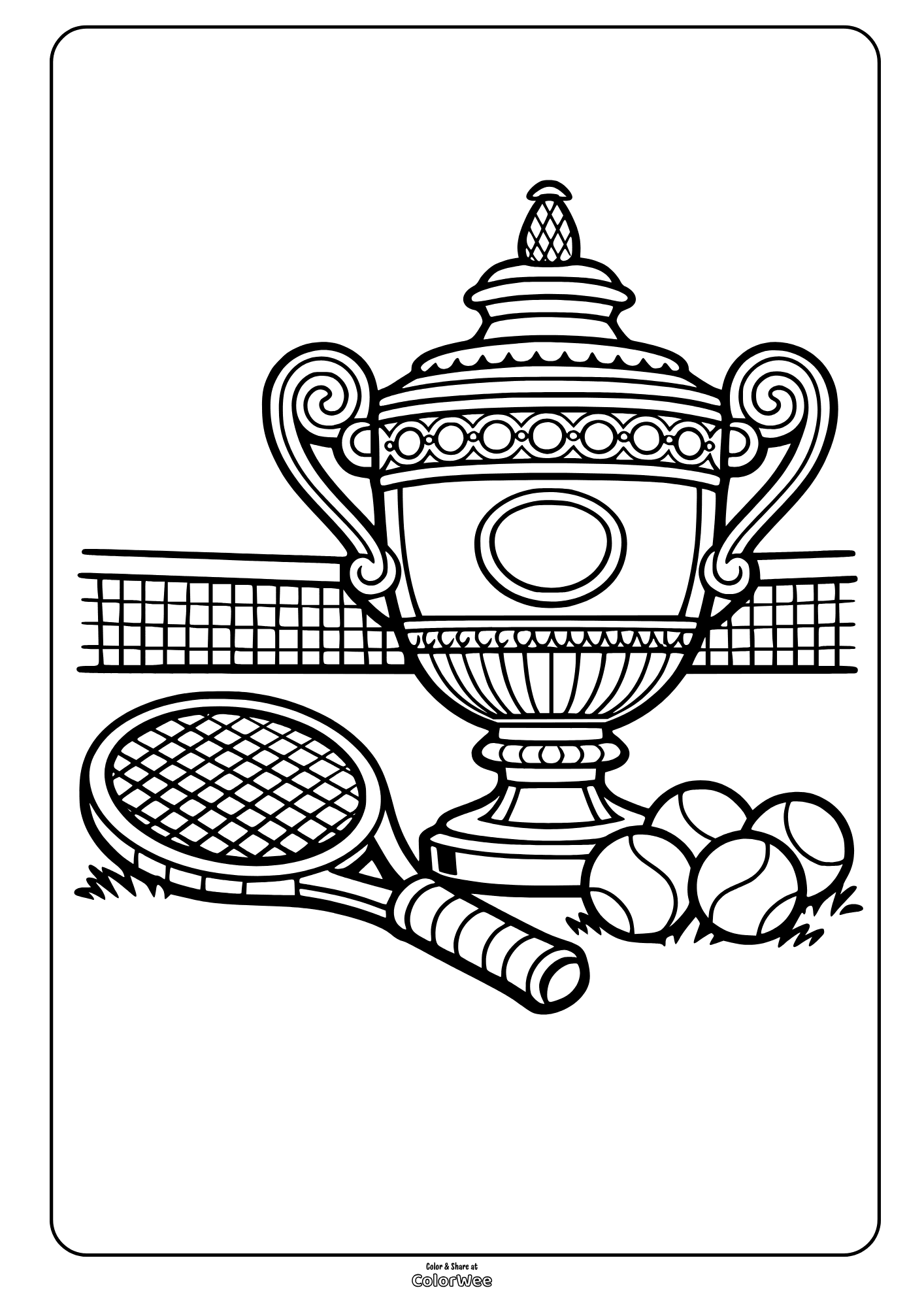 Printable wimbledon tennis trophy, racket and balls by net coloring sheet