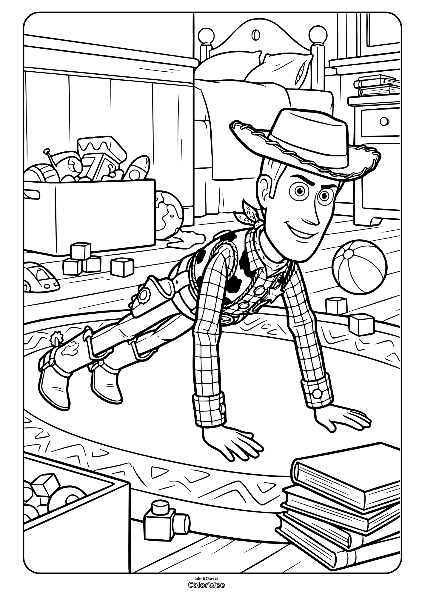 Woody from Toy Story 5 doing push-ups in kids' bedroom coloring page
