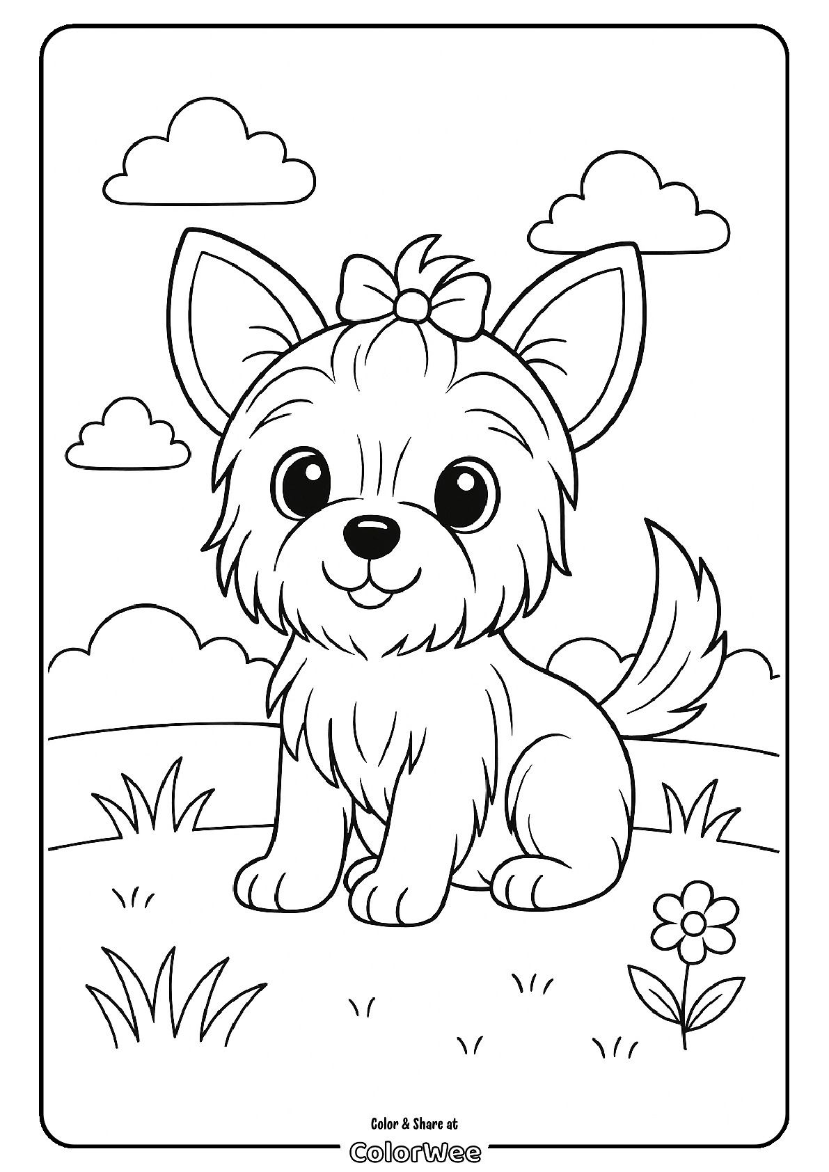 Cute puppy coloring page with a bow and grassy background.